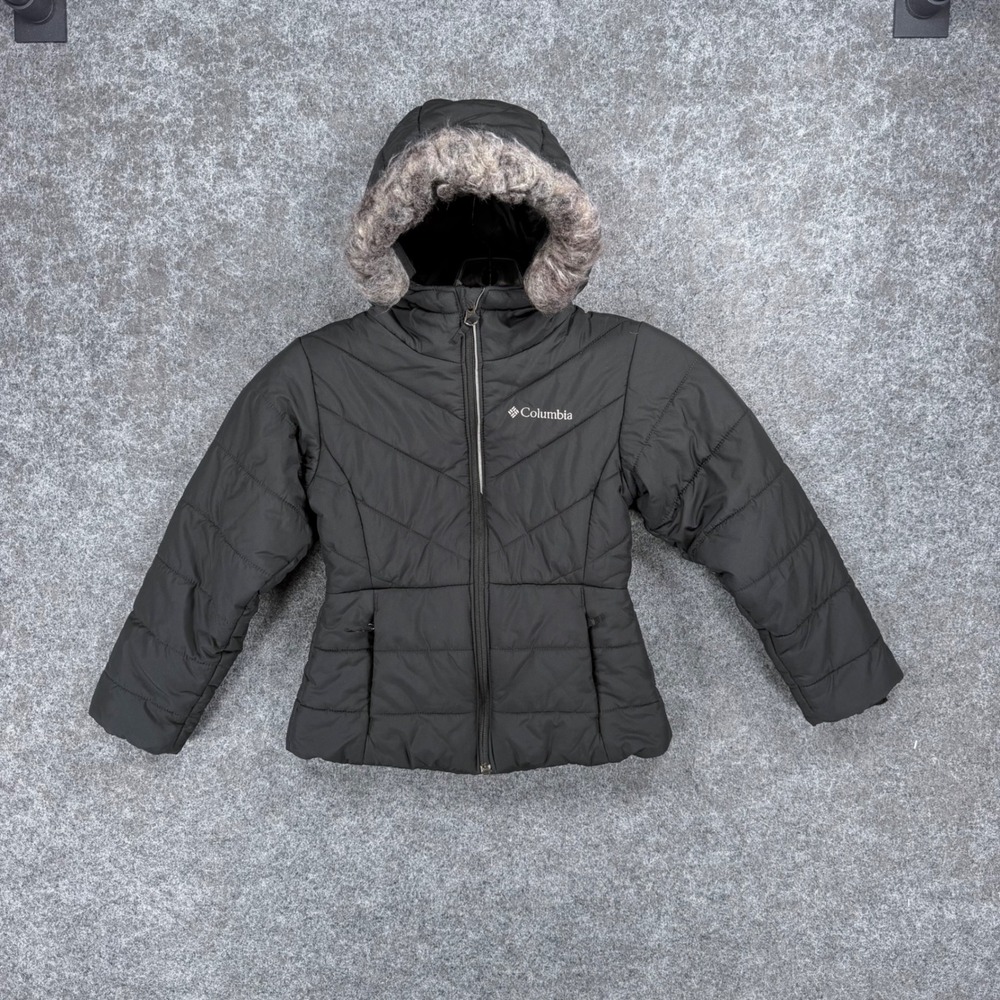 Columbia Girls 6/6X Black Puffer Jacket Faux Fur Hood Insulated Winter Coat